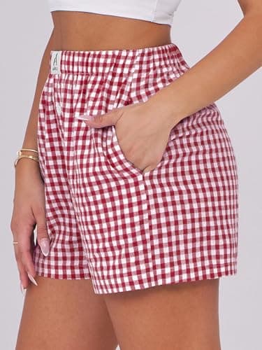 ANRABESS Boxer Shorts for Women Gingham Pajama 2025 Summer Casual Lounge Sleep Plaid Shorts Y2K Beach Bottoms Red White Plaid X-Large - Image 3