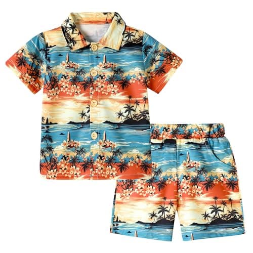 ZOEREA Toddler Baby Boy Clothes Hawaiian Outfit Shorts Sets Palm Printed Button Down Shirt and Shorts Summer Beach Clothes 2-3T - Image 1