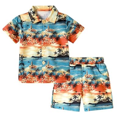 ZOEREA Toddler Baby Boy Clothes Hawaiian Outfit Shorts Sets Palm Printed Button Down Shirt and Shorts Summer Beach Clothes 2-3T - Image 1