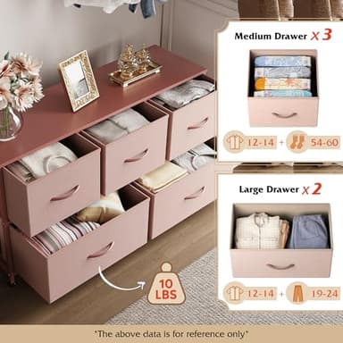 WLIVE Dresser for Bedroom with 5 Drawers, Wide Chest of Drawers, Fabric Dresser, Storage Organization Unit with Fabric Bins for Closet, Living Room, Hallway, Pink and Rose Gold - Image 4