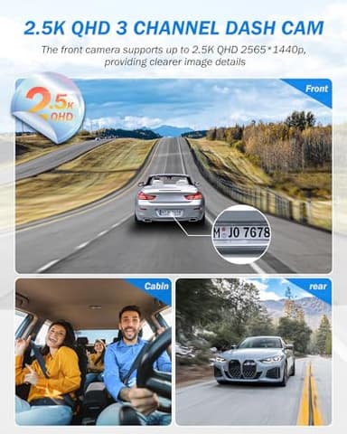 Dash Cam Front and Rear, 2.5K+1440P Triple Car Camera with 32GB Card, 3 Channel Dash Camera for Cars, G-Sensor, 3.16” IPS Screen, 24Hr Parking, 170°Wide Angle, Loop Recording, IR Night Vision, Blue - Image 2