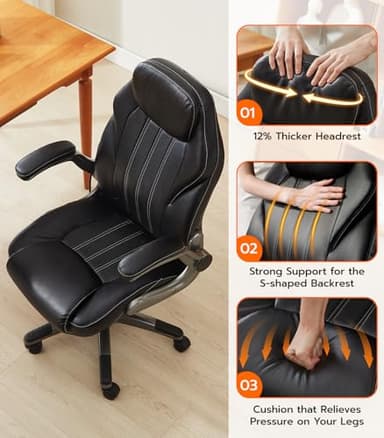 Office Desk Chair, Ergonomic Computer Chair with Padded Flip-Up Arms and Adjustable Lumbar Support, PU Leather Executive Chair with Tilt Lock and 360° Swivel Rolling Wheels for Work, Study - Image 7