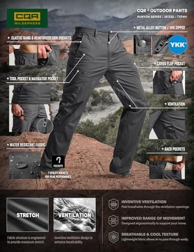 CQR Men's Quick Dry Tactical Pants, Water Resistant Outdoor Pants, Lightweight Stretch Cargo Work Hiking Pants, Runyon Cargo Pants Charcoal, 34W x 32L - Image 7