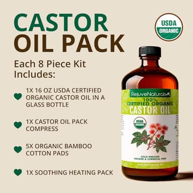 Castor Oil Pack - 8 Piece Complete Kit. Includes 16oz Glass Bottle of Organic Castor Oil, Easy to use Organic Cotton Compress with Adjustable Fit, 5 Soft Cotton Pads & Soothing Heat Pack.. - Image 2