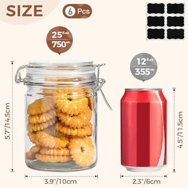 ComSaf Airtight Glass Canister with Lid Set of 6, 25oz Food Storage Jar, Mason Jars, Storage Container with Seal Wire Clamp Fastening for Kitchen Fermenting Preserving Canning Pasta Flour Cereal - Image 2