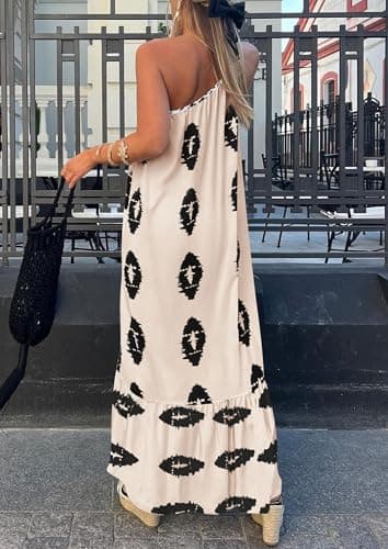 PRETTYGARDEN Women's Summer One Shoulder Maxi Dresses Printed Flowy Boho Beach Vacation Long Sundress (Beige Black Floral,X-Large) - Image 2