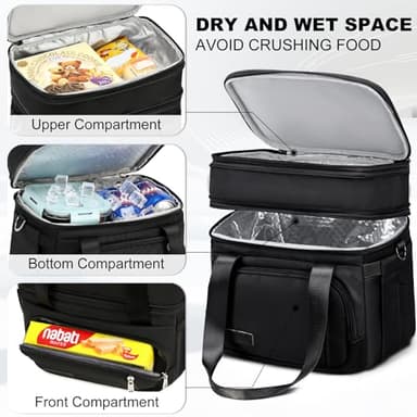 MAPLELILY Lunch Box for Men Women - Double Deck Insulated Lunch Bag, Large Leak Proof Tote Cooler, Wide Open Dual Compartment Lunch Bags with Shoulder Strap, For Work Picnic Hiking Beach, Black - Image 3