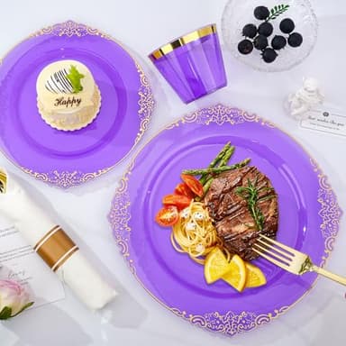 Bestluck 350 PCS Purple and Gold Plastic Plates, Disposable Dinnerware Set for 50 Guests, 100 Disposable Plates, 150 Silverwares, 50 Cups, 50 Napkins for Party, Wedding, Graduation - Image 6