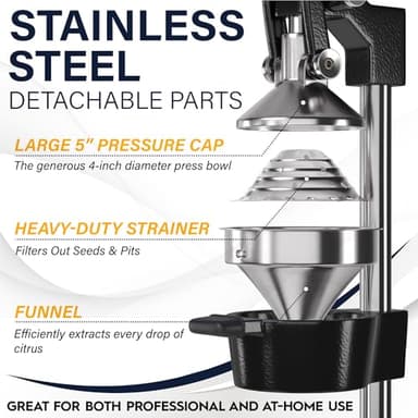 Eurolux Cast Iron Citrus Juicer | Extra-Large Commercial Grade Manual Hand Press | Heavy Duty Countertop Squeezer for Fresh Orange Juice (Bonus Stainless Steel Cup) (Black) - Image 4