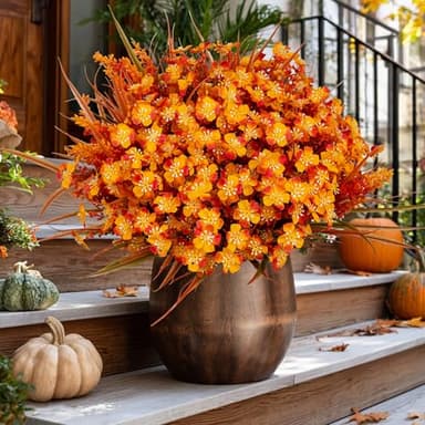 AXYLEX Artificial Fall Flowers Outdoor Fake Mums - 16 Bundles Fake Plants UV Resistant No Fade Faux Plastic Greenery Garden Porch Patio Fall Home Decor (1, OrangeGreen) - Image 5