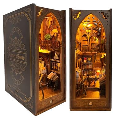 CRIOLPO Book Nook Kit - DIY Doll House Booknook, Book Nook Miniature Kit for Bookshelf Doll Houses for Adults Teen Halloween, 3D Wooden Puzzle Bookends with Sensor Led Light - Image 1