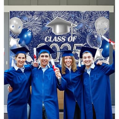 Lofaris Class of 2025 Party Photography Backdrop Royal Blue and Silver Congrats Grad Graduation Caps Background Celebration Graduation Prom Party Decor Banner Photo Booth Props 10x7ft - Image 6