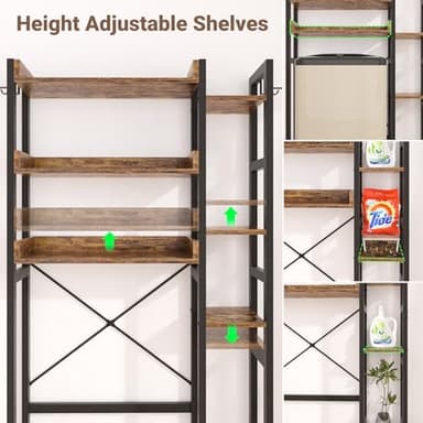 Over The Toilet Storage with 2 Drawers - 7 Tier Bathroom Organizer with Adjustable Shelf, Freestanding Space Saver Storage Rack Above Toilet Stand with 4 Hooks for Restroom, Laundry, Rustic Brown - Image 6