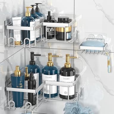 Youvip Adhesive Corner Shower Caddy - No Drilling Wall Mounted Shower Shelves-Rustproof, Organizer for Bathroom with Soap Holder. Silver - Image 1