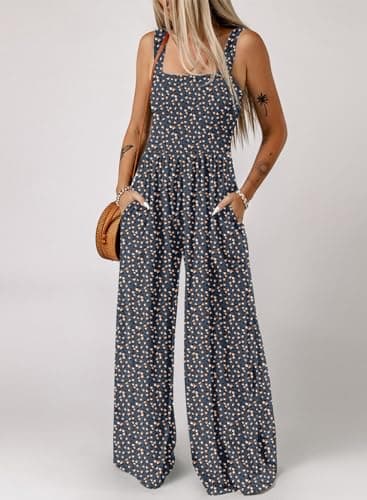 Dokotoo Womens Overalls Jumpsuits for Women Casual Loose Fit Solid Color Wide Leg One Piece Sleeveless Jumpsuit Printed Long Pant Rompers with Pocket Blue Medium - Image 2
