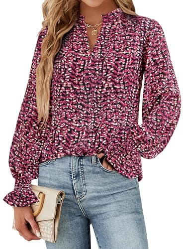 MASCOMODA Womens V Neck Floral Long Sleeve Tops 2025 Summer Casual Loose Puff Sleeve Chiffon Boho Work Blouse Dressy T Shirts(Floral Black Red,X-Large) - Image 2