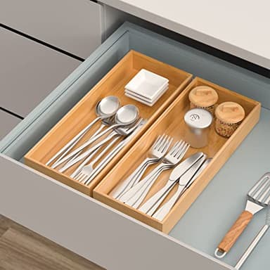 VeyFey Bamboo Drawer Organizer, Stackable Utensil Organizer for Kitchen, Bamboo Storage Box Wood Silverware Tray for Drawer 15" x 6" x 2" Set of 2 - Image 3