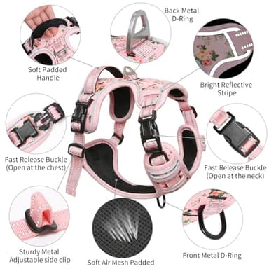 Timos No Pull Dog Harness,NO Need Go Over Dogs Head 3 Snap Buckles Reflective Oxford No Choke Harness with Front & Back 2 Metal Leash Clips Soft Padded for Small Medium Large Dogs Pink S - Image 4