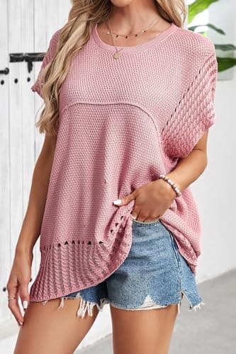 Cakulo Womens Summer Short Sleeve Casual Sweaters Tunic Crochet Knit Sweater Top 2025 Pink XL - Image 2