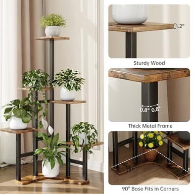 Yzosvki Corner Plant Stand Indoor, 6 Tiered Corner Plant Shelf Flower Stand for Multiple Plants, Plant Shelves Organizer Rack for Living Room, Balcony, Patio, Garden, Square Rustic Brown - Image 4
