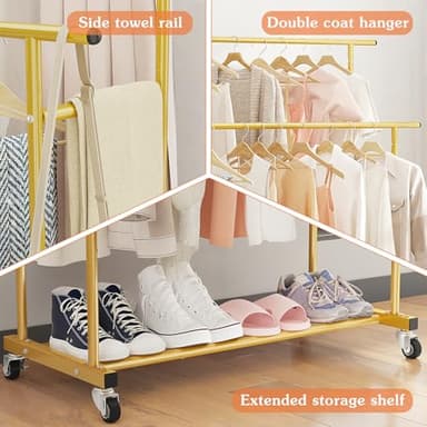 Calmootey Double Rod Clothing Garment Rack,Rolling Hanging Clothes Rack,Portable Clothes Organizer for Bedroom,Living Room,Clothing Store,Gold - Image 7