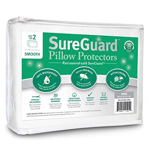 Set of 2 King Size SureGuard Pillow Protectors - 100% Waterproof, Bed Bug Proof, Hypoallergenic - Premium Zippered Cotton Covers - Smooth - Image 1