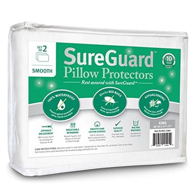 Set of 2 King Size SureGuard Pillow Protectors - 100% Waterproof, Bed Bug Proof, Hypoallergenic - Premium Zippered Cotton Covers - Smooth - Image 1