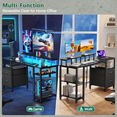Furologee 61" Gaming Desk with Power Outlets & LED Lights, Reversible Computer Desk with File Cabinet & Monitor Stand for Home Office, Large Work Table with Storage Shelves & Drawer, Black - Image 4