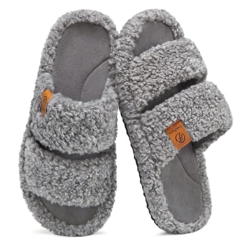 EverFoams Womens Fuzzy Open-toe Slippers Soft Comfy Memory Foam Indoor House Shoes Cool Gray,9-10 US - Image 1