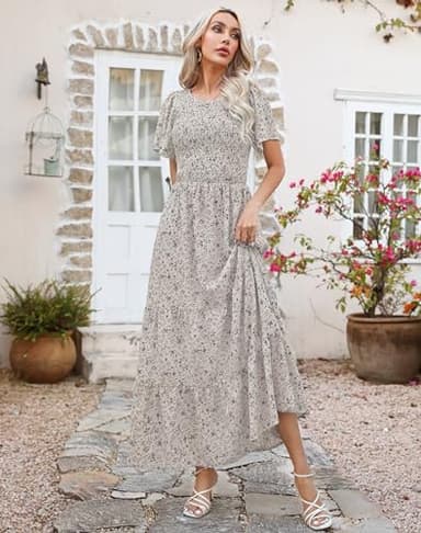 Kranda Summer Dresses for Women 2025 Crew Neck Flutter Short Sleeve Tiered Ruffle Smocked Floral Vacation Beach Maxi Dress Beige M - Image 5