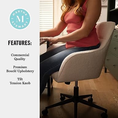 Martha Stewart Rayna Swivel Task Chair with Flared Arms for Home Office in White Boucle with Oil Rubbed Bronze Frame - Image 8