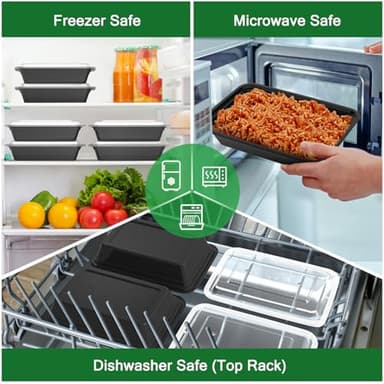 50 Pack (100-Piece) 32 oz Meal Prep Containers Reusable with Easy Open Lids, Sturdy Leakproof Food Safe, Microwave Freezer Dishwasher Safe, To Go Take Out Plastic Food Storage Pans with Lids, Black - Image 6