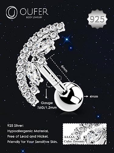 OUFER 16G Helix Piercing Jewelry, 925 Sterling Silver Cartilage Earrings Stud, Clear CZ Tragus Earrings, Conch Lobe Piercing Jewelry for Women Men - Image 5