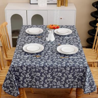 Heavy Duty Vinyl Tablecloth with Flannel Backing Waterproof Oil-Proof Plastic Table Cloth Stain-Resistant Wipeable Rectangle or Square Table Cover for Indoor and Outdoor (Blue Floral,60x84 Inch) - Image 6