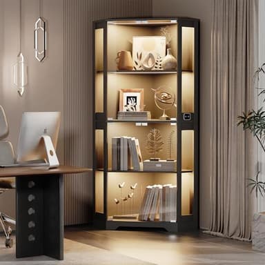 BROTTAR Corner Display Cabinet with Glass Doors, 65" Lighted Curio Cabinet with 3 Color LED Lights for Collectibles, 4-Tier Showcase Display Case with Human Body Sensor for Toys, Books, Black - Image 4