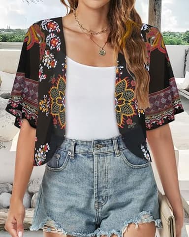 Women Shrug Chiffon Cardigans Open Front Short Sleeve Bolero for Evening Dressy(Black Print,S) - Image 2