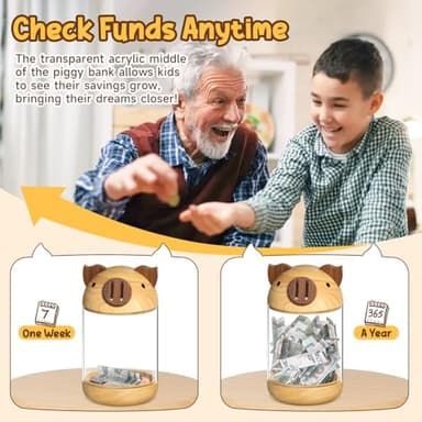 hizgo Wooden Piggy Bank for Kids Adults, Clear Savings Jar for Boys and Girls, Unbreakable Money Coin Bank for Kids Birthday - Image 3