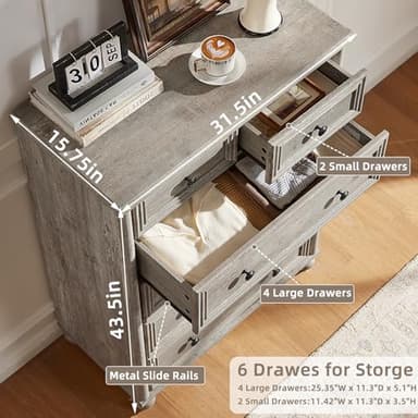 RWYHG Farmhouse 6 Drawer Dresser, 15.75" D x 31.5" W x 43.5" H Chest of Drawers for Bedroom, Grey Tall Dresser with 4 Solid Wood Feet, Wood Storage Dressers Organizer for Living Room Hallway Closet - Image 2