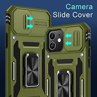 DEERLAMN Case for iPhone 11 with Slide Camera Cover+Screen Protector(2 Packs),Rotated Ring Kickstand Military Grade Shockproof Protective Cover-Olive Green - Image 2