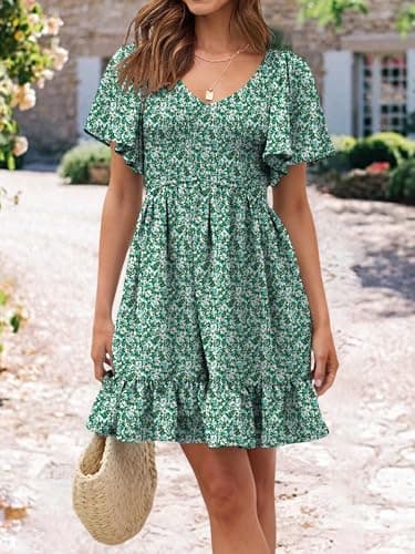 UEAL Womens Sundresses V Neck Green Floral Short Spring Summer Dresses for Women 2025 Small Green Floral - Image 2
