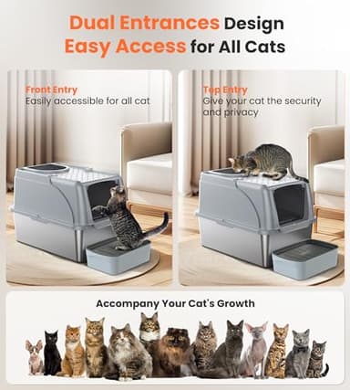 Rilvva Stainless Steel Cat Box Dual Entrance XXL Large Litter Box for Cats, Covered Metal Kitty Litter Box with Flip Door, 16.6” High Wall& Litter Scoop, Gray 2 Pack - Image 5