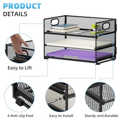 Marbrasse 3 Tier Paper Organizer Letter Tray, Mesh File Organizer with Handle, Paper Sorter Desk Organizer for Home Office Supplies - Image 5