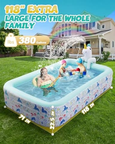 Inflatable Pool for Kids and Adults, Large Blow up Swimming Pool (118" L x71 W x 23.5" H), Unicorn Pool for Kids with Sprinkler, Thicken Oversized Pools for Whole Family Party Backyard Garden Outdoor - Image 7
