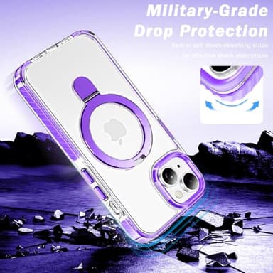 UMIONE for iPhone 13/14 Magnetic case with Stand and Finger Ring, Compatible with magsafe, Shockproof Transparent Hard Plate, Full Body case, Universal for Boys and Girls 6.1 - Purple - Image 5