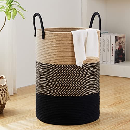 Fiona's magic 72L Large Woven Laundry Hamper, Tall Cotton Rope Storage Basket, Jute Baby Nursery Hamper for Blankets, Toys and Clothes in Bedroom and Living Room Organizing, Brown & Black - Image 1