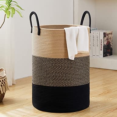 Fiona's magic 72L Large Woven Laundry Hamper, Tall Cotton Rope Storage Basket, Jute Baby Nursery Hamper for Blankets, Toys and Clothes in Bedroom and Living Room Organizing, Brown & Black - Image 1