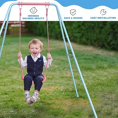 2-in-1 Toddler Swing Set with Metal Stand, Safety Belt & 4 Anchors - A-Frame Swing for Kids 6 Months+ (Pink, Indoor/Outdoor Backyard Playground) - Image 6