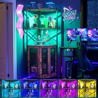 Aheaplus Corner Bar Cabinet with Power Outlet, Industrial Wine Cabinet with LED Strip and Glass Holder, 5-Tiers Liquor Cabinet Bar Unit for Home, Corner Display Cabinet for Small Space, Rustic Brown - Image 2