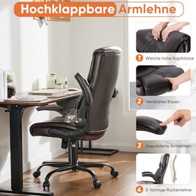 Sweetcrispy Computer Gaming Chair, Ergonomic High Back Heavy Duty Task Desk Office Chairs with Wheels, Flip-up Arms, Adjustable Height, PU Leather, Brown - Image 6
