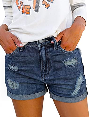MODARANI Boyfriend Jean Shorts for Women Distressed Frayed Denim Shorts Dark Blue S - Image 1